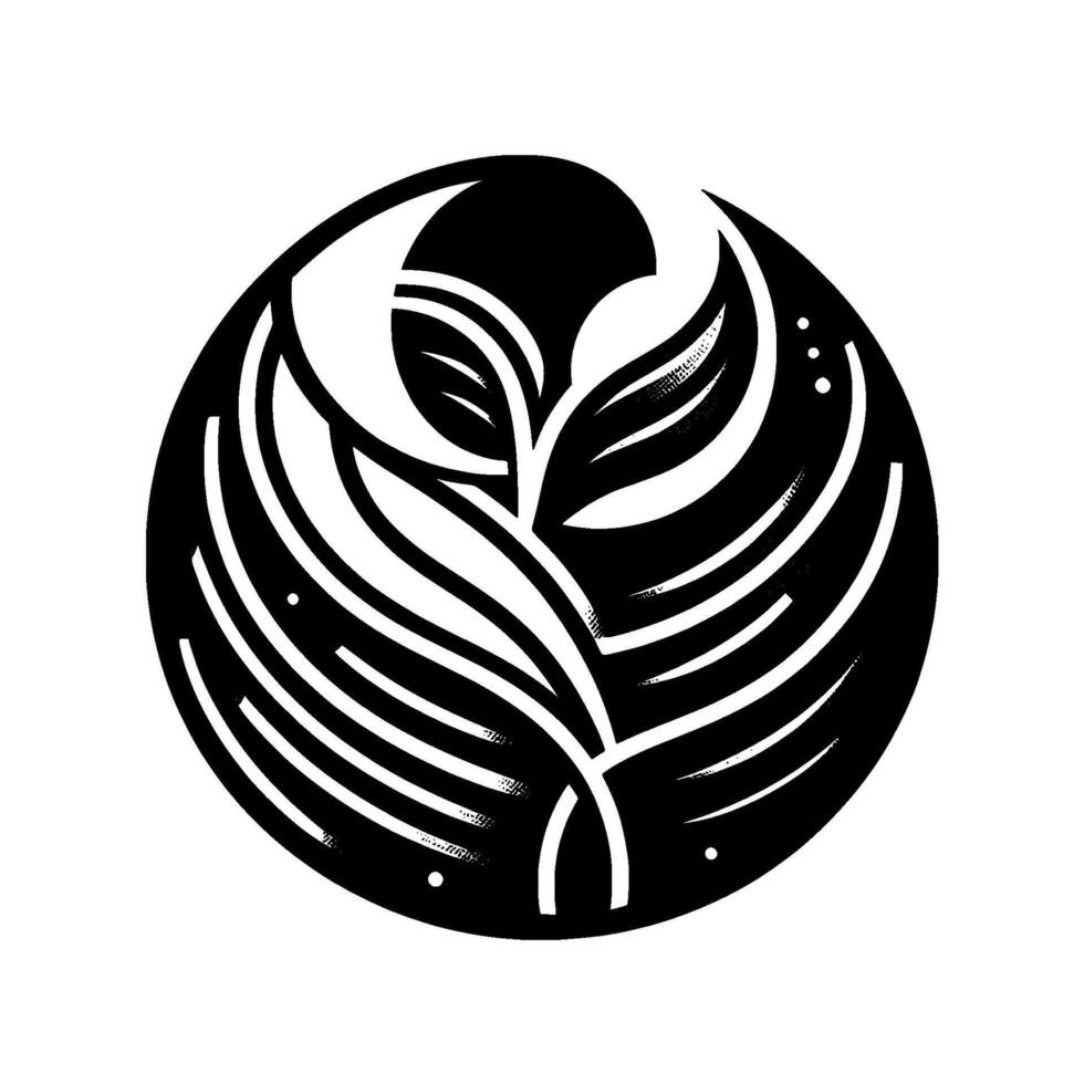Elegant minimalist black and white abstract illustration of intertwined stylized plant leaves enclosed in a circle, suggesting growth and balance. vector