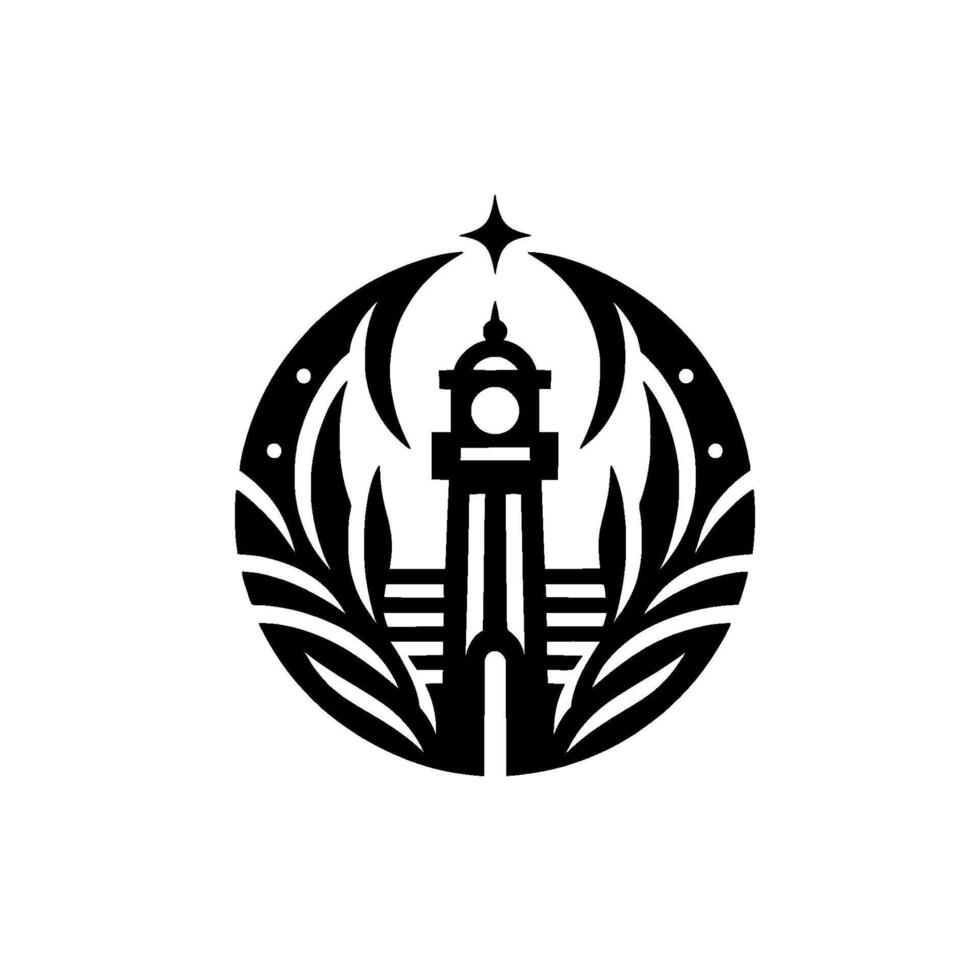Minimalist Lighthouse Design Black and White Circular Composition with Star, Plants, and Dots. vector
