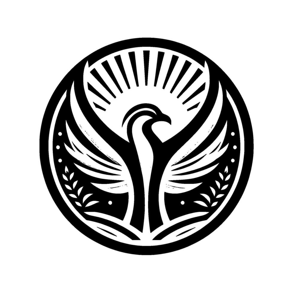 Majestic Phoenix Emblem in a Circular Frame A Bold Black and White Showcasing the Birds Rise, Encircled by Radial Sunburst Laurel Embellishments. vector