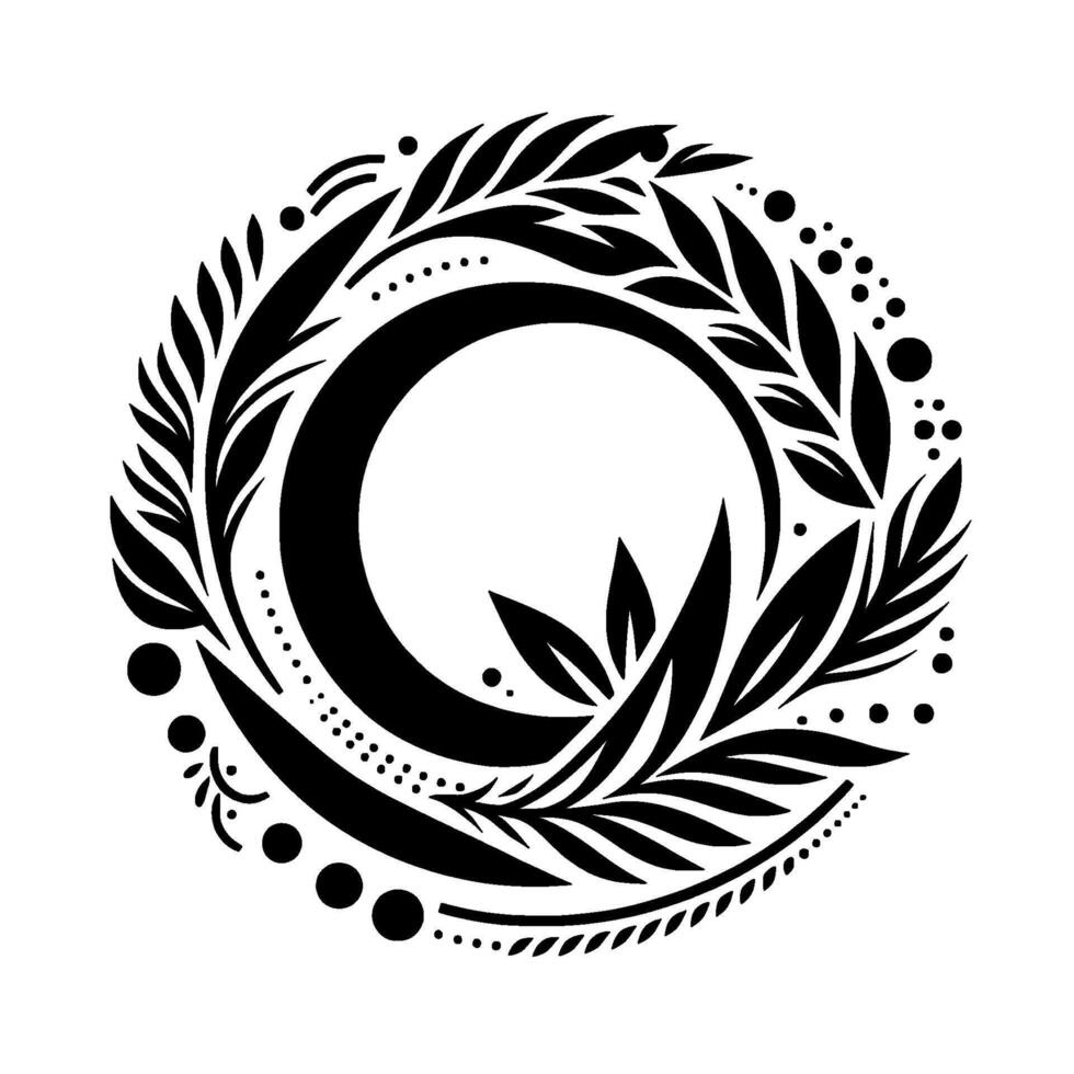 Monochromatic Circular Design An intricate black illustration of leaves, dots, and a crescent shape, centered against a white background. vector