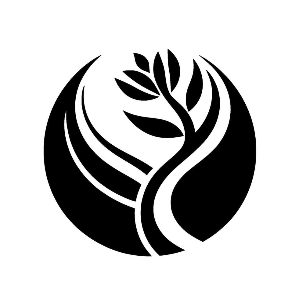 A minimalist black and white depicts a stylized tree within a circle, with flowing lines and leaflike details suggesting growth and natural harmony. vector