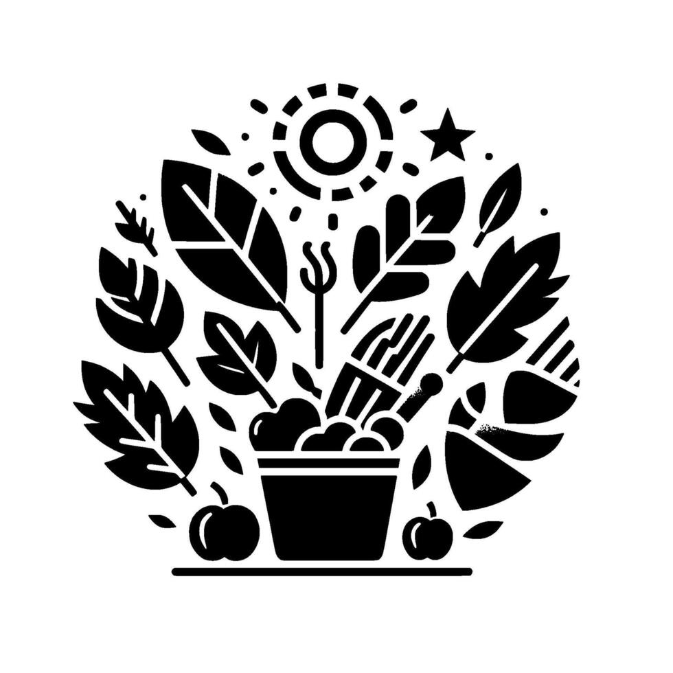 Stylized Black and White Illustration A Symbolic Circle of Natures Bounty, Featuring Foliage, Fruit, and Culinary Tools in a Balanced Design. vector