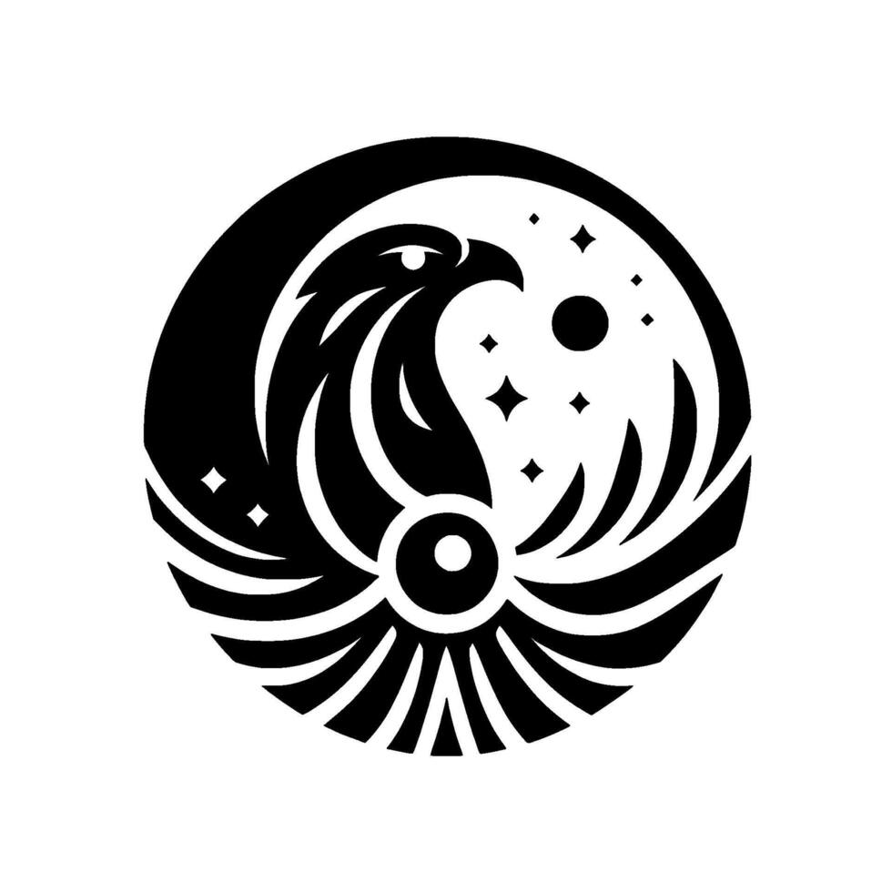Black and white minimalist circle logo, featuring a stylized eagle with celestial elements, blending animal symbolism with cosmic themes. vector