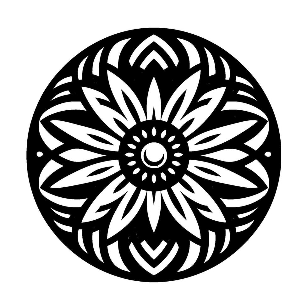 Intricate monochrome floral mandala design, a symmetrical artwork with layered petallike patterns, a central circular element and a contrasted black and white aesthetic. vector