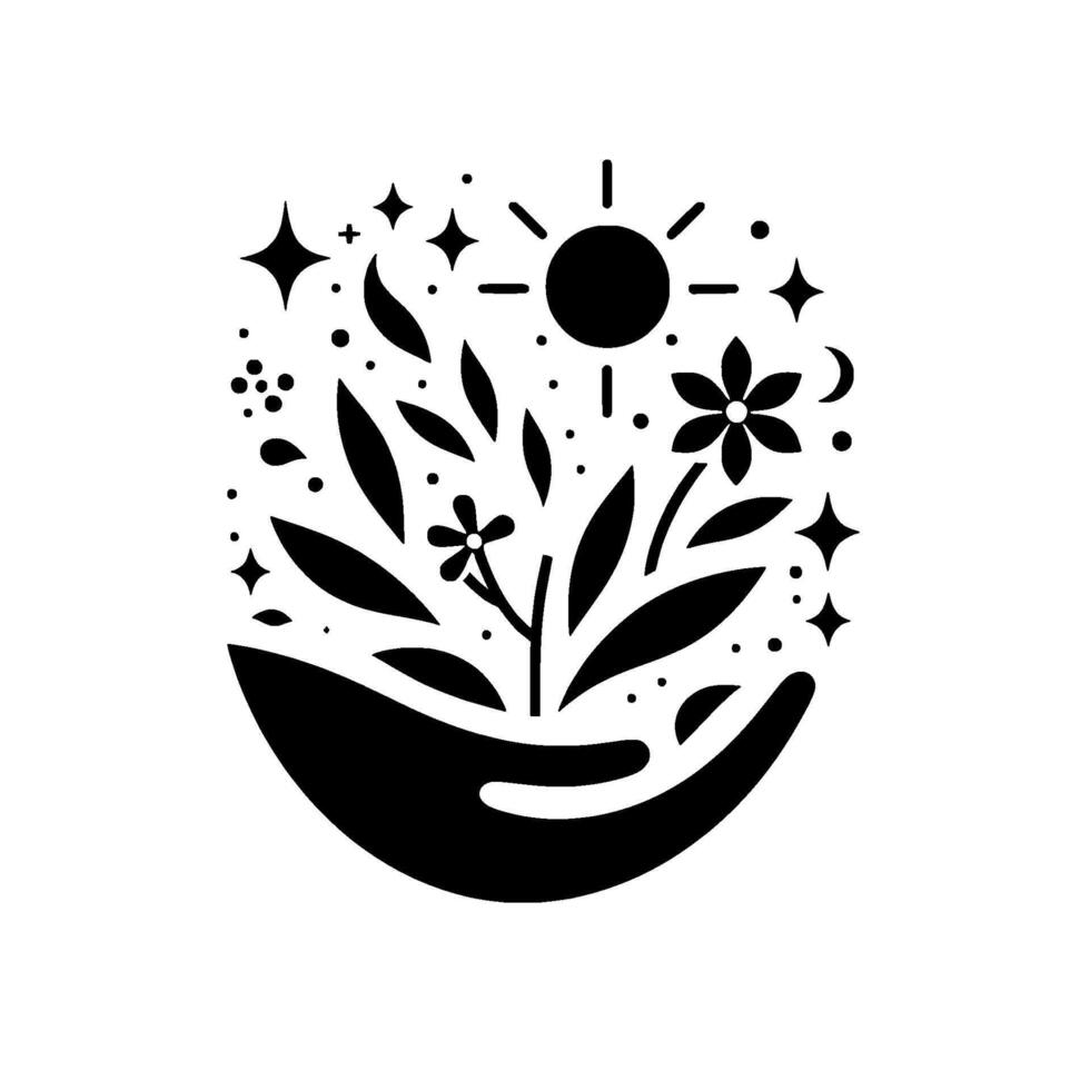 A stylized hand cradles flourishing nature symbols sun, stars, crescent moon, and flowers, evoking growth, nurture, and cosmic harmony. vector
