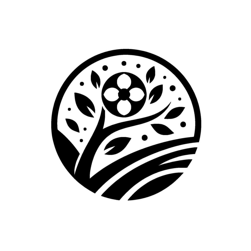 Elegant black and white emblem featuring a stylized tree, a fourpetaled flower at the top, and a curved ground line, all within a circle. vector