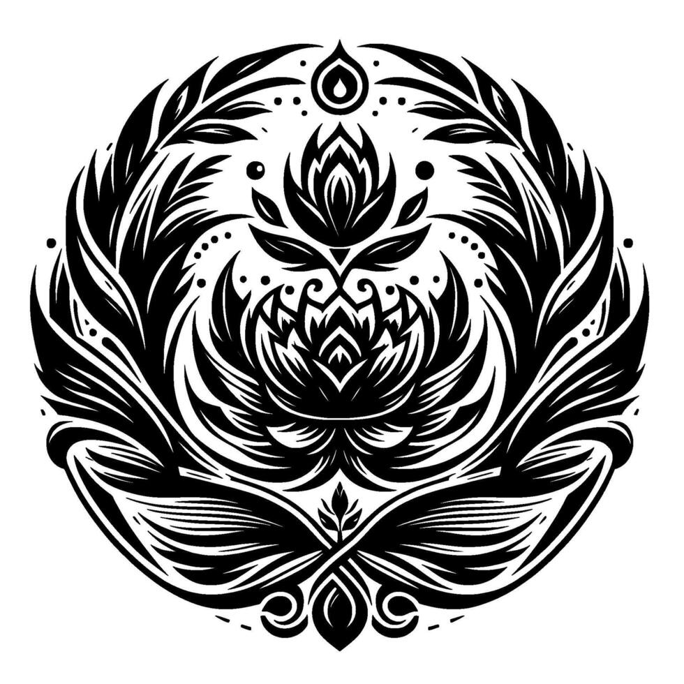 Intricate Black and White Floral Mandala Symbolic Composition with a central blooming lotus, surrounded by stylized leaves, radiating symmetry, and a droplet motif. vector