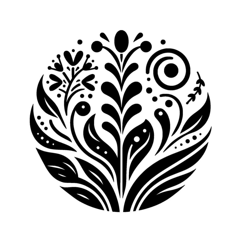 Intricate Black and White Floral Mandala, featuring stylized leaves, blossoms, and a spiral within a circular frame on a clean white backdrop. vector