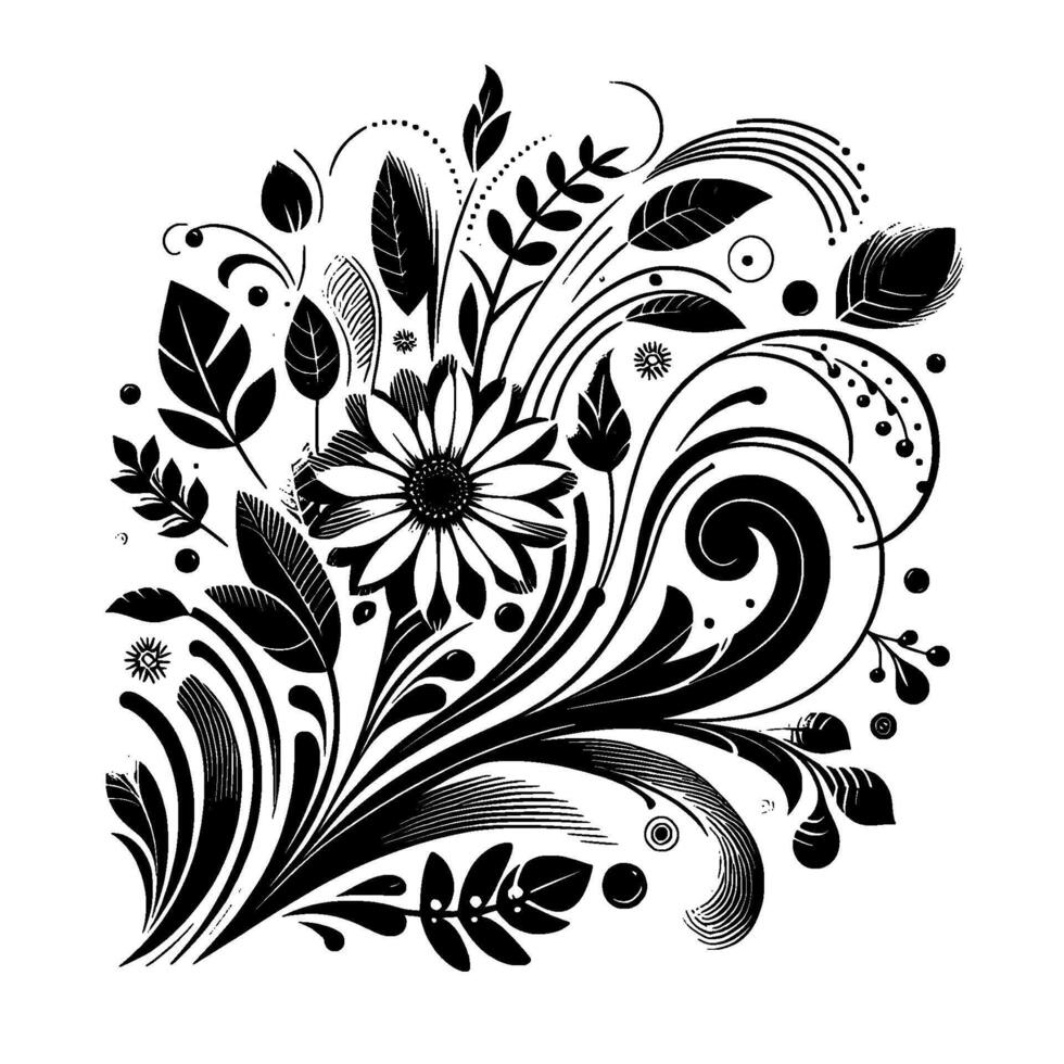 Intricate Black and White Floral Design Daisy Centerpiece, Flowing Swirls, and Botanical Elements on White Backdrop. vector