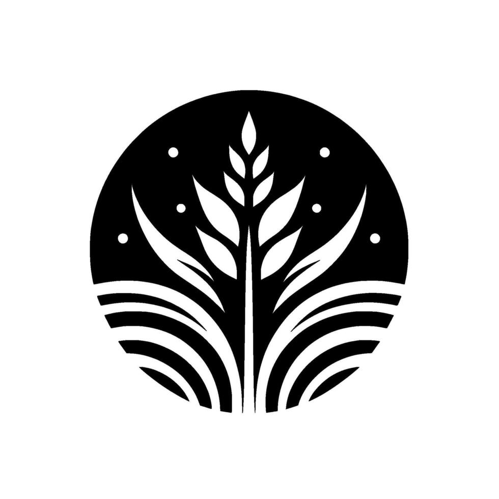 Abstract black and white circular with stylized wheatlike plant design, featuring a symmetrical composition, and starry dots. vector