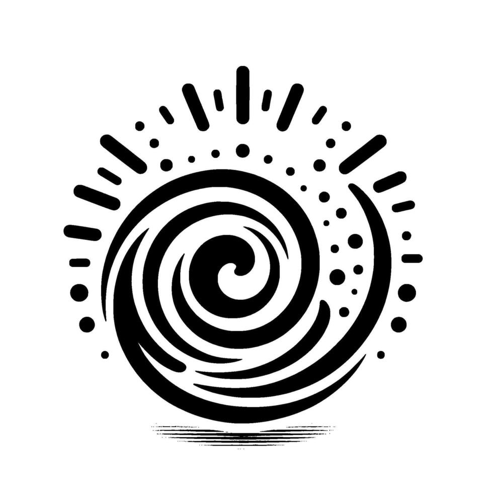 Abstract black and white spiral art, encircled by stylized rays and dots, evoking energy and movement. vector