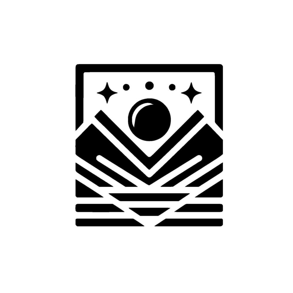 Geometric Symbol Black and white square featuring mountain ranges, a moon, and stars, stylized for a minimalist design. vector