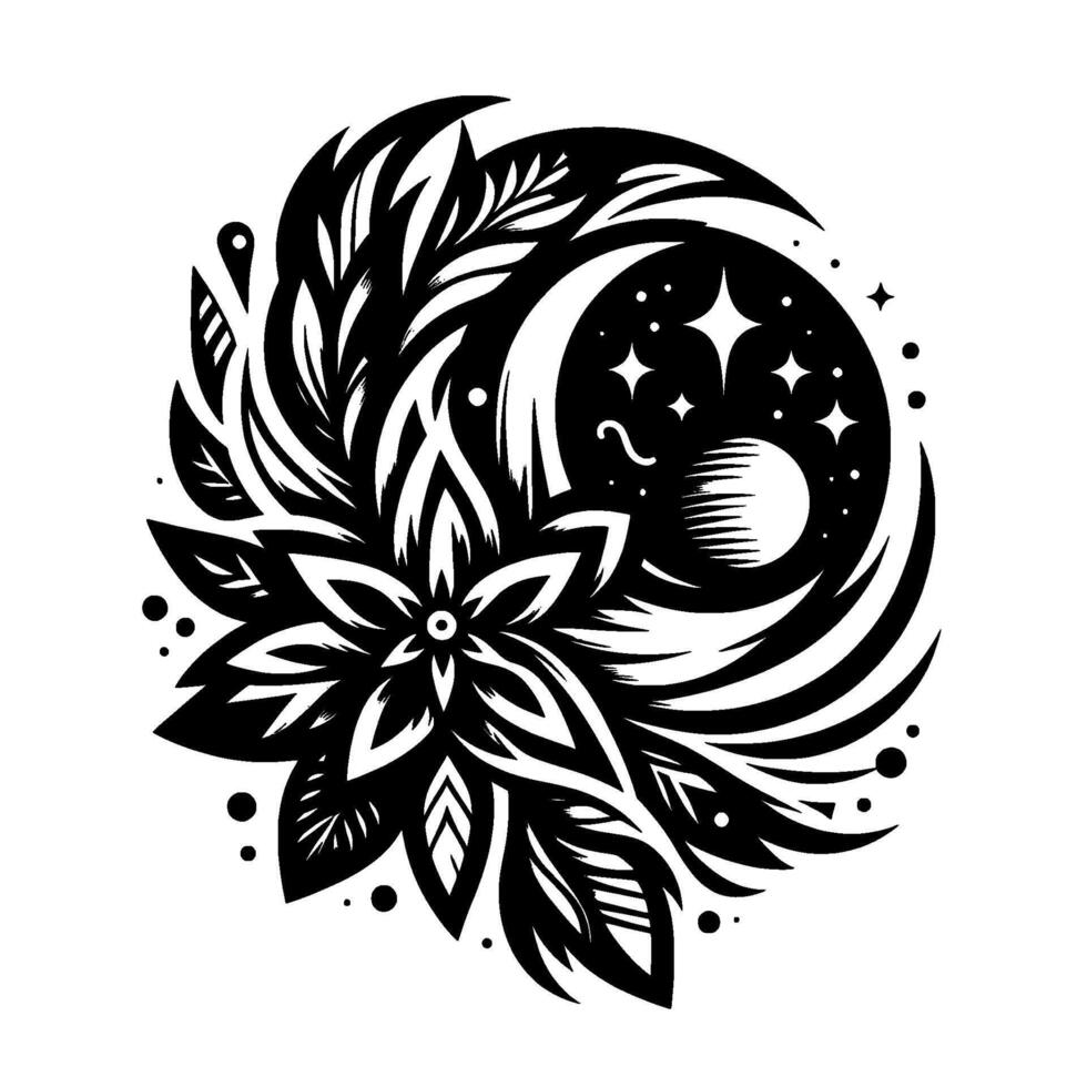 A symmetrical black and white floral and celestial illustration showcasing a stylized flower, crescent moon, stars, and cosmic elements. vector