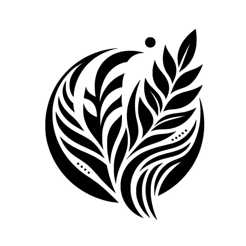 A stylized, minimalist, black and white botanical featuring symmetrical leaf arrangements within a circular frame with a central dot. vector