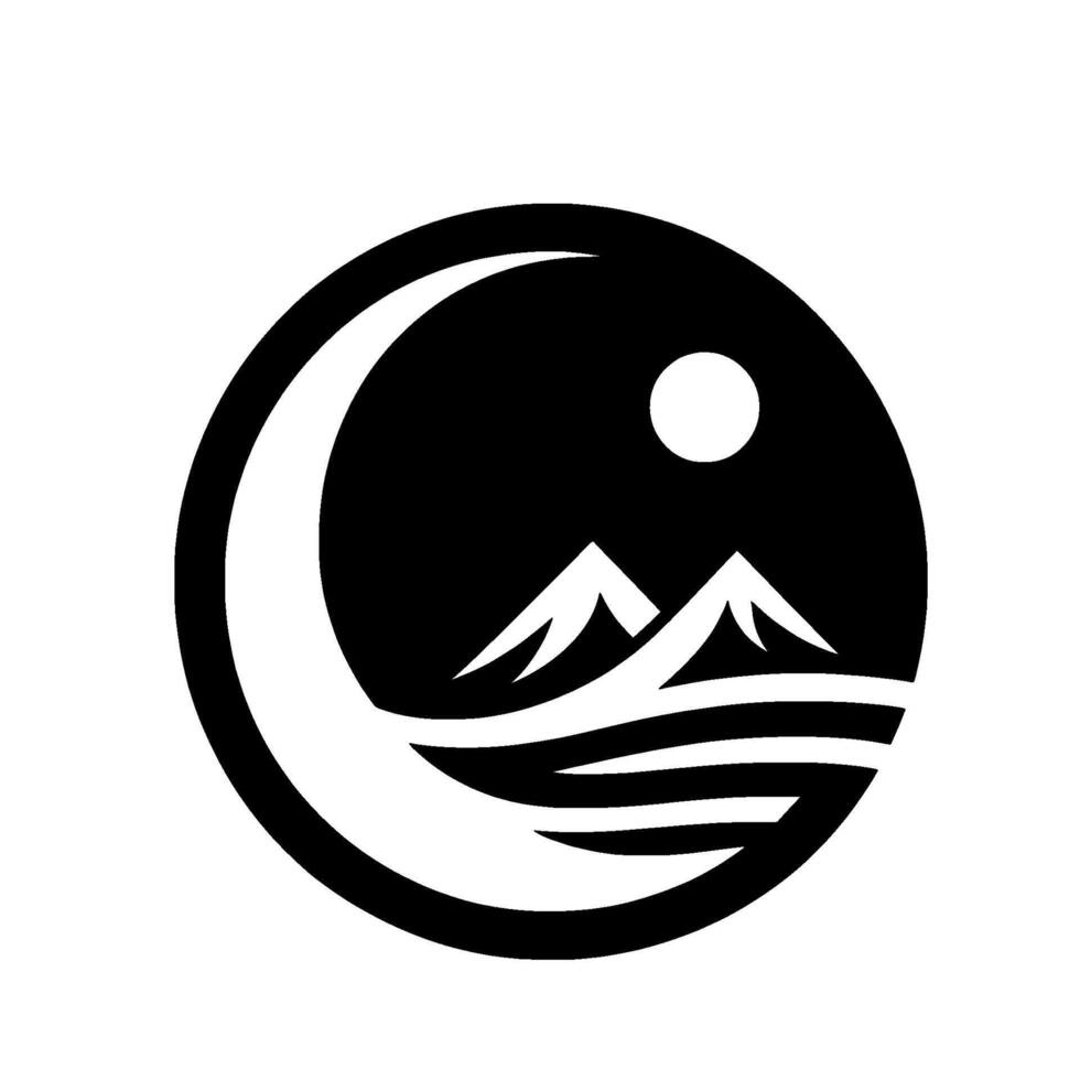 Monochromatic Circular Depicting Mountains, Moon, and Water Elements within a Minimalist, NatureInspired Design. vector