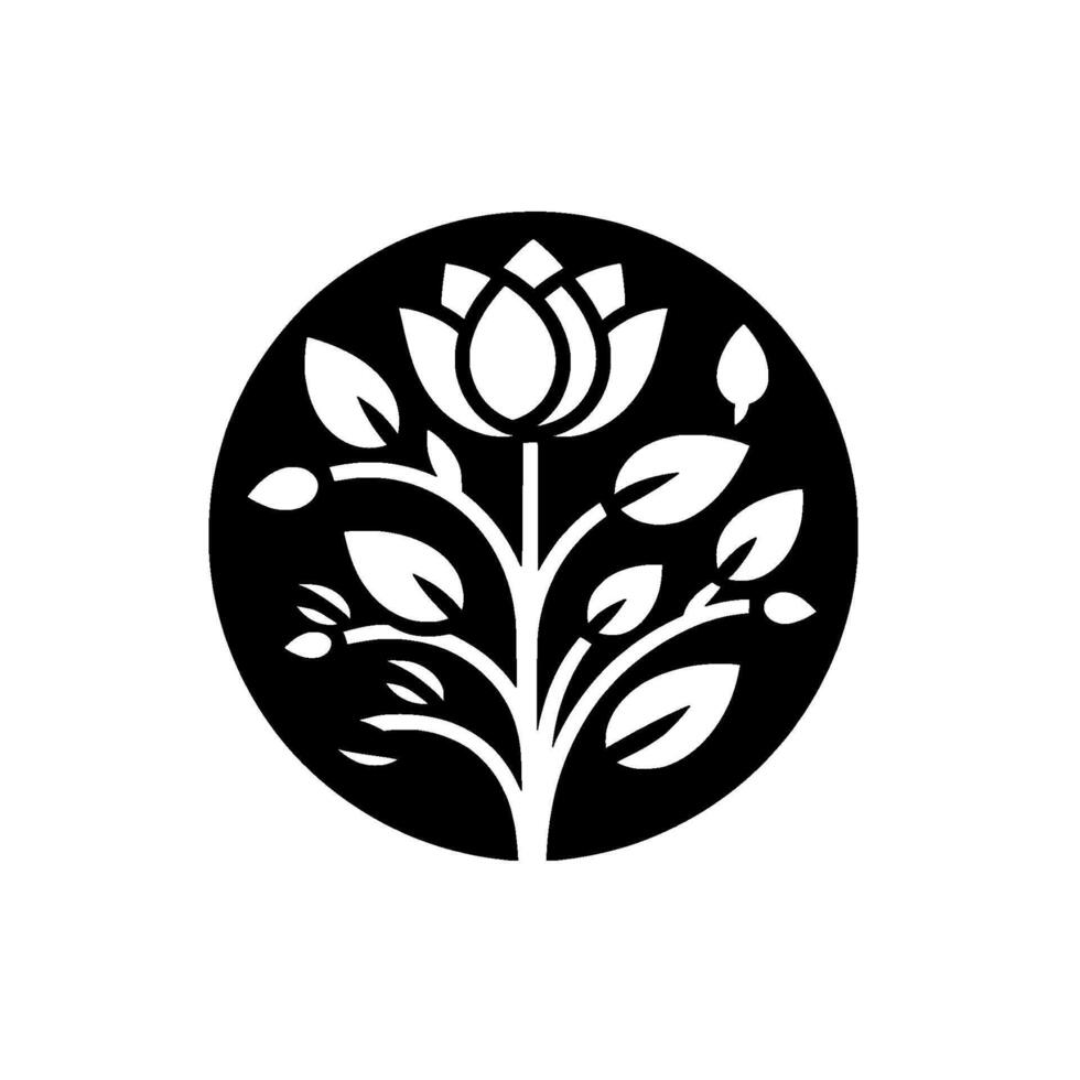 Monochromatic Floral Illustration A stylized black and white featuring a flower and leaves enclosed within a circular frame, against a textured background. vector