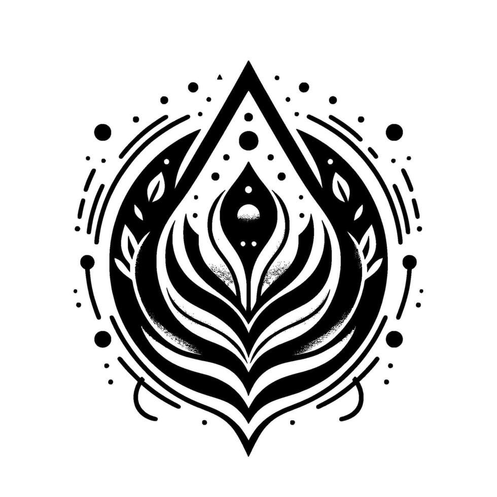 Intricate monochrome symmetrical illustration of a floral emblem with geometric shapes, dots, and radiating lines, evoking a sense of balance and harmony. vector