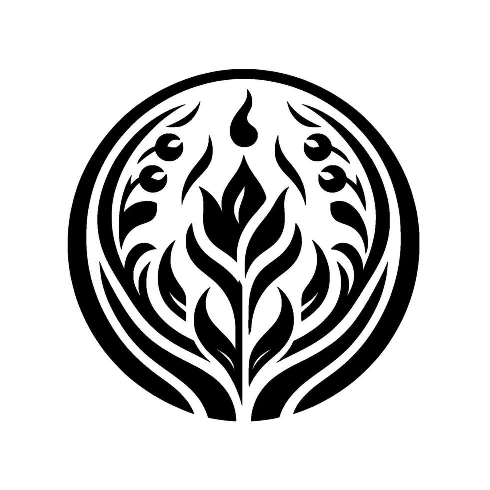 A minimalist circular featuring a stylized black floral motif, comprising leaves, petals, and budlike elements within a frame, set against a clean white backdrop, evoking natural beauty and si vector