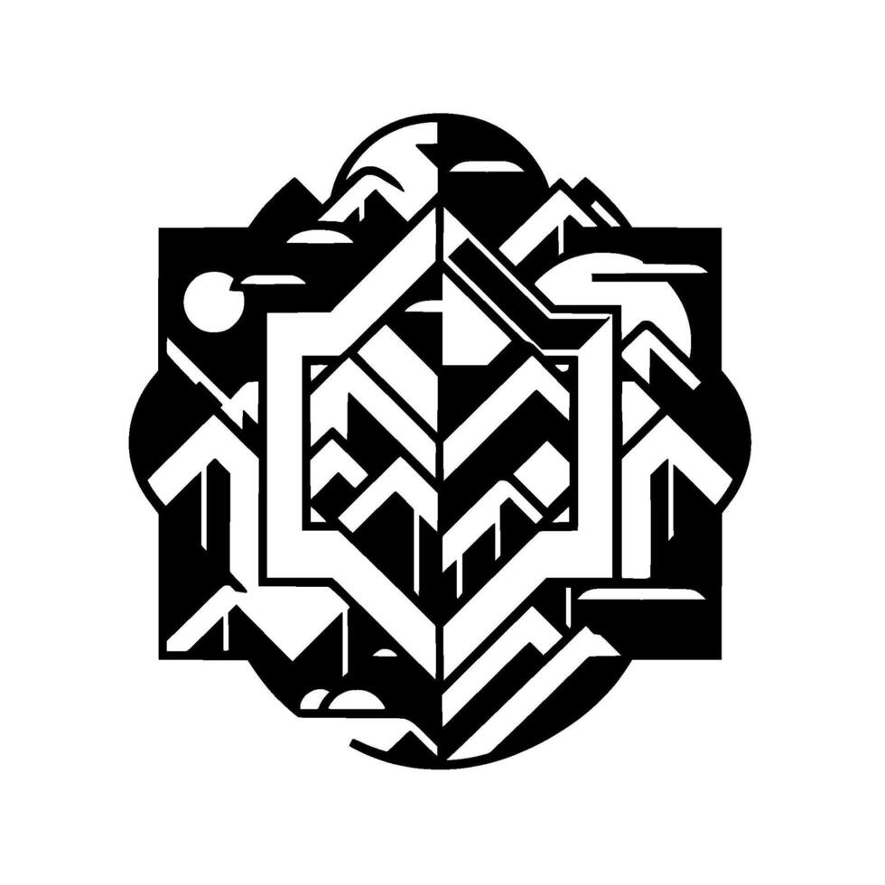 Geometric, black and white stylized landscape composition featuring mountains, sun and clouds, arranged in a symmetrical, abstract, art deco design. vector