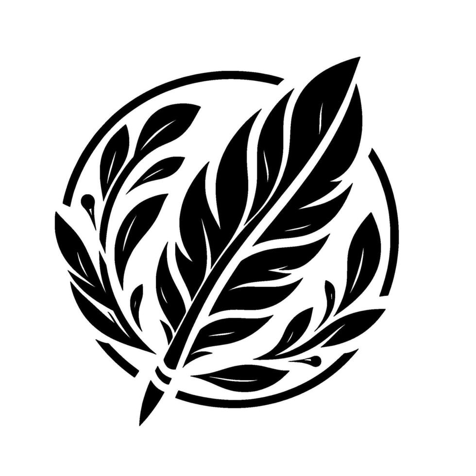 Intricate Black Feather Design, Surrounded by Leaves and Encased in a Circle, Ideal for Logos and Decorative Use vector