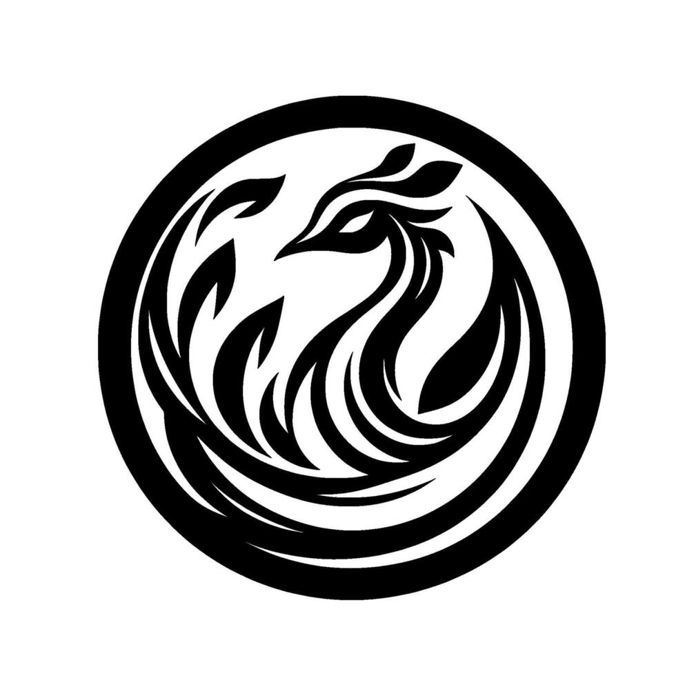 Intricate black and white phoenix emblem, a symbol of rebirth and strength, contained within a circular frame, showcasing a stylized and clean lines. vector