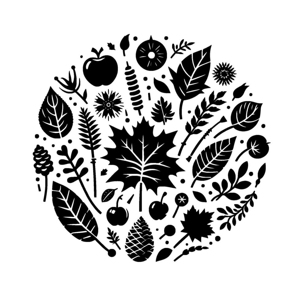 A circular monochrome illustration of various botanical elements, including leaves, fruits, and branches, arranged in a balanced composition. vector