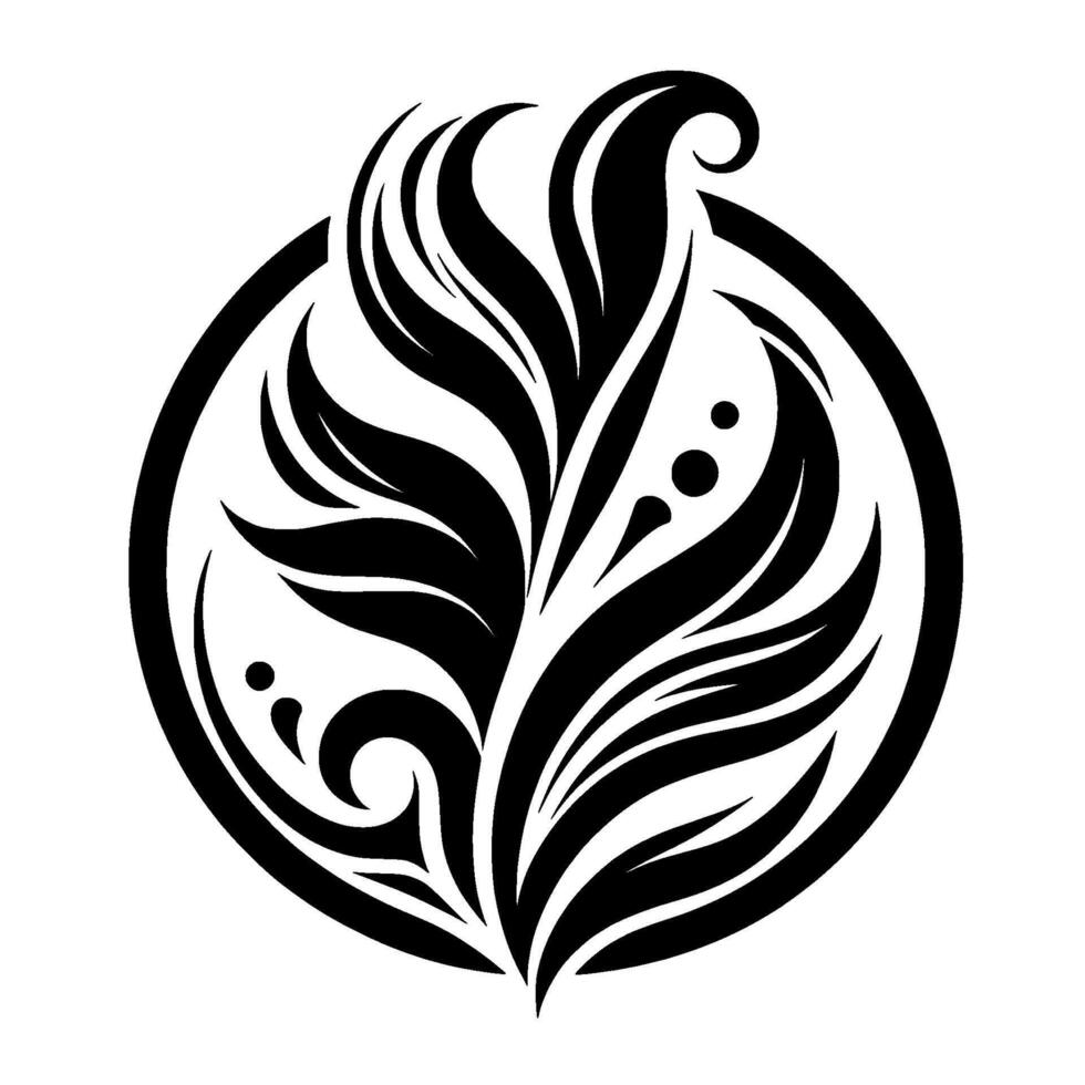 Elegant Black and White Floral Emblem Enclosed in a Circle, Featuring Stylized Leaves, Vines, and Spirals with a Minimalist Aesthetic vector