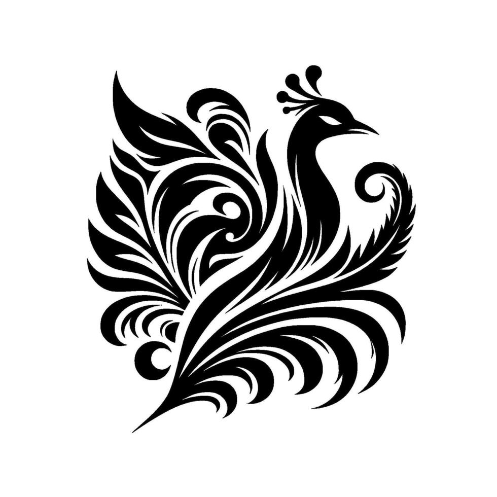 Elegant Black and White Stylized Peacock Featuring Ornate Feathering and Intricate Floral Elements, a Symbol of Grace and Beauty. vector