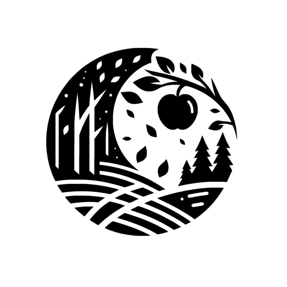 Silhouette of a stylized apple tree with an apple, trees, forest and landscape elements, all contained within a circular frame with a black and white color palette. vector