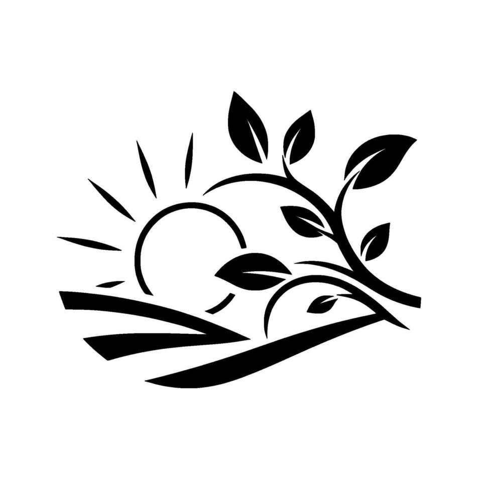 Black and white minimalist illustration depicting a stylized sunrise over rolling hills, adorned with a flourishing plant, symbolizing growth and nature. vector