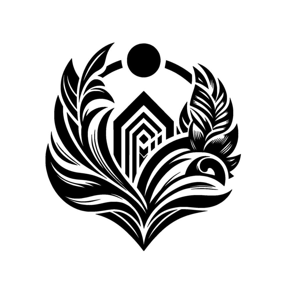 Elegant Black and White Geometric Illustration A stylized home within an ornate florallike composition. A circle and ring sits above the house and the composition is symmetrical. vector