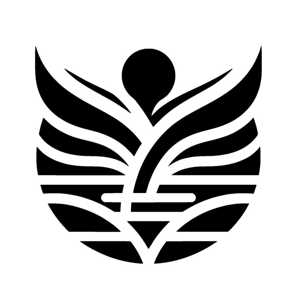 Bold Black and White Emblem A stylized, symmetrical featuring a central plantlike form, encircled by layered, sweeping shapes, suggesting growth and harmony. vector