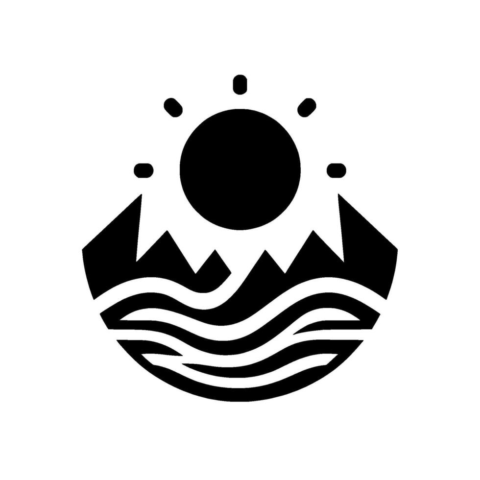 Stylized black and white nature depicting a sunrise over mountains and water, with a circular composition. vector