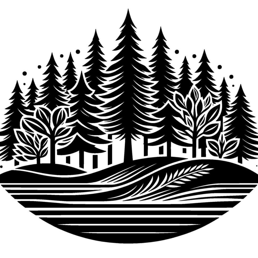 A stylized black and white forest landscape illustration featuring detailed trees, rolling hills, and decorative foliage accents, evoking a serene and artistic woodland scene. vector