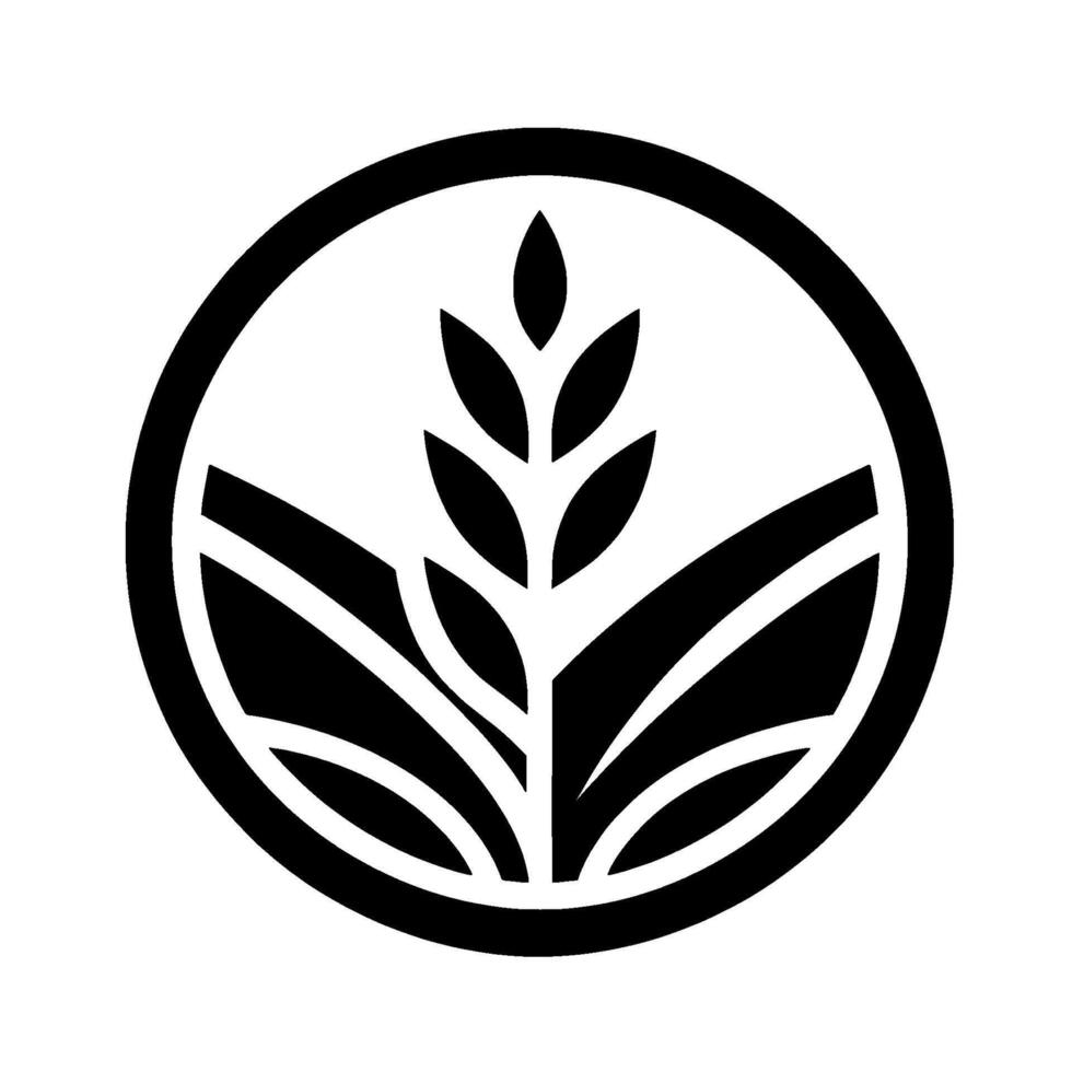 A minimalist black and white emblem featuring a stylized ear of wheat rising from abstract leaves enclosed in a circular frame, suggesting growth and agricultural themes. vector