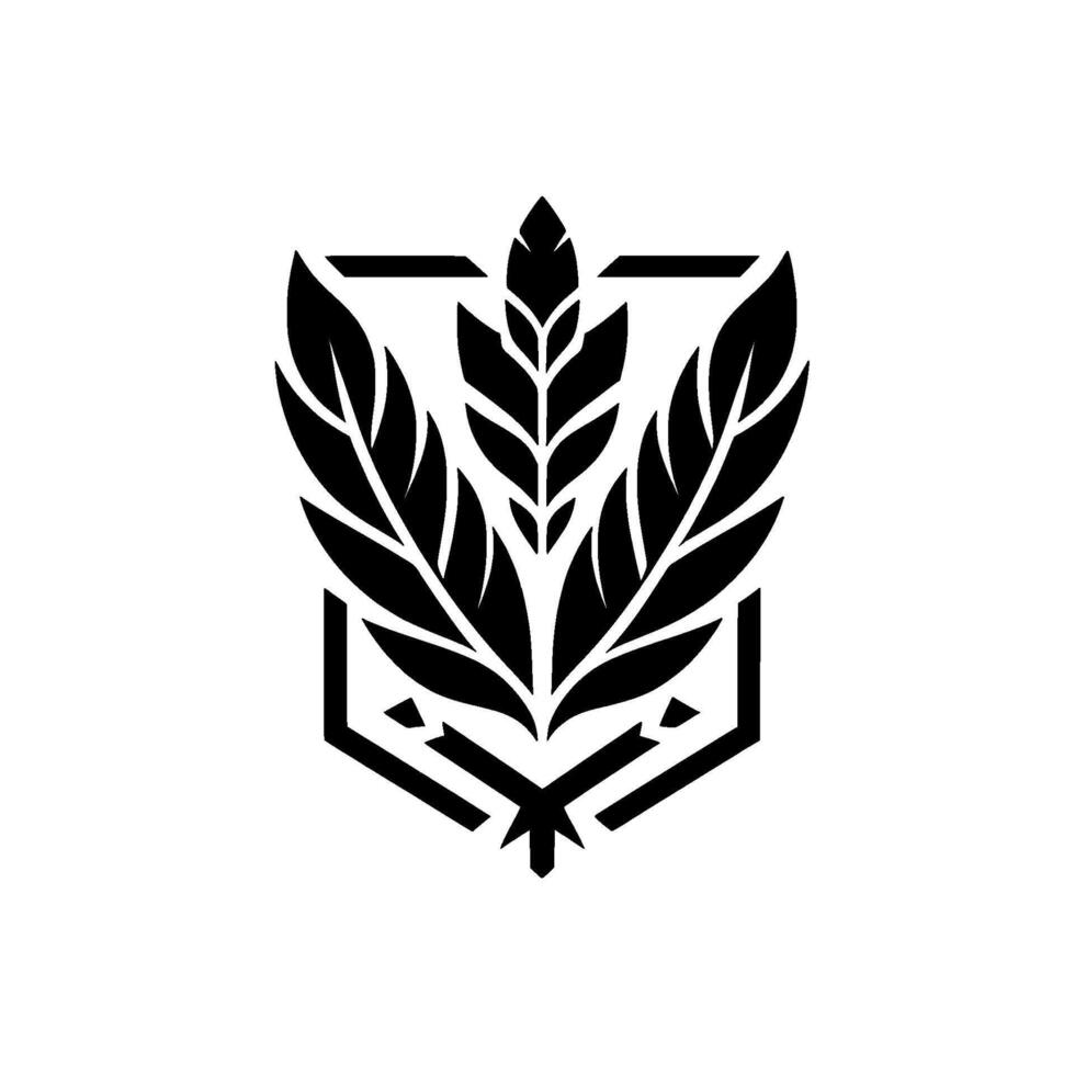Minimalist Black and White Emblem Abstract Wheat and Feather within a Geometric Shield, evoking strength and natural beauty. vector