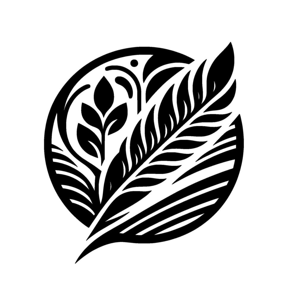 Circular Black and White Featuring Stylized Feather and Foliage Elements Within a Circle, Illustrating Nature vector