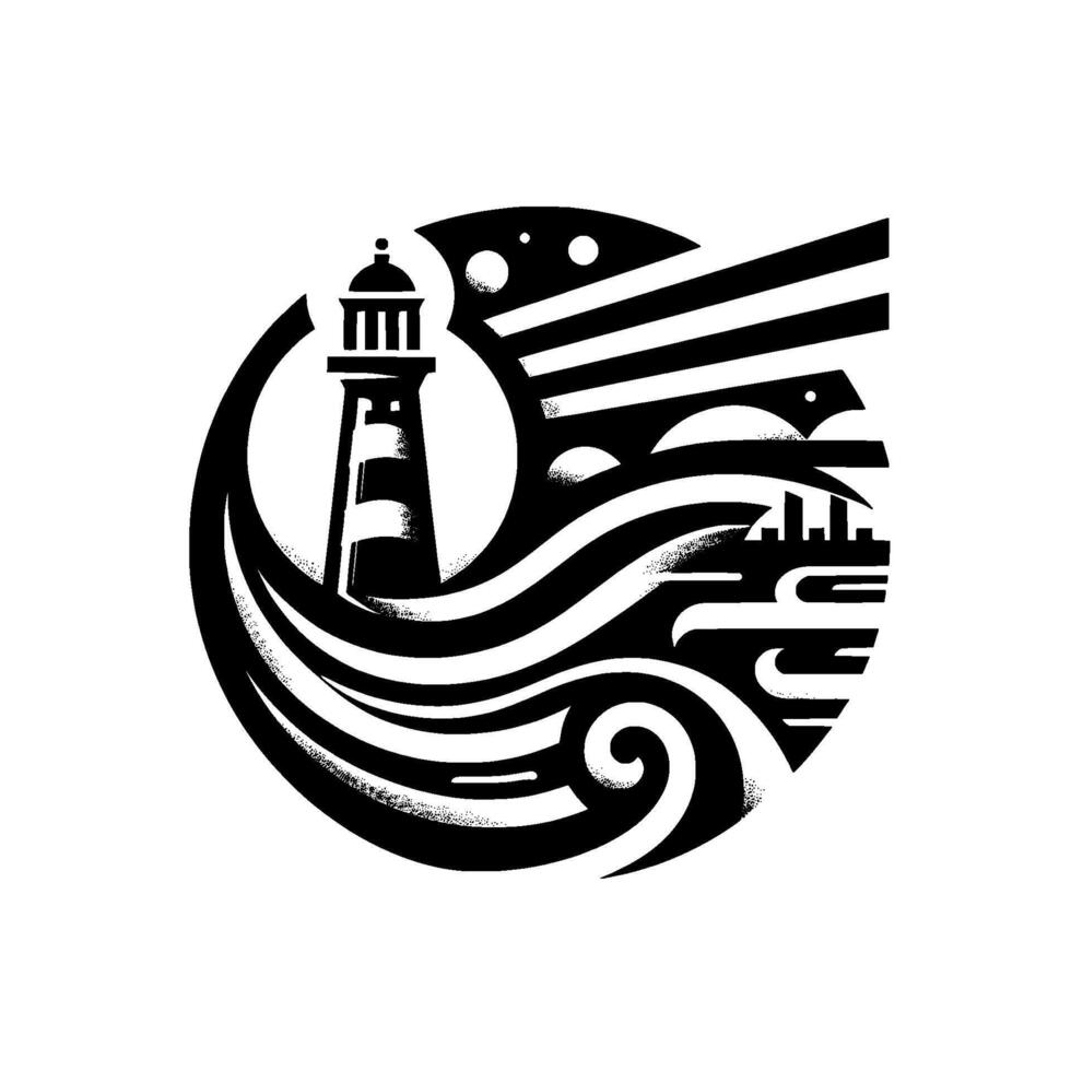 Circular Black and White Nautical Illustration Lighthouse, Waves, and City Silhouetted Within a Modern, Composition. vector