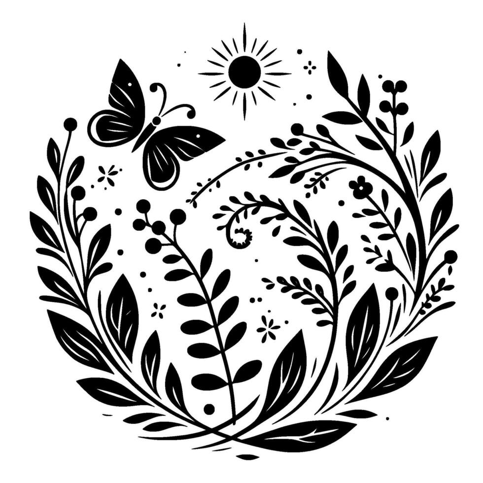 A circular, elegant black and white floral arrangement with a butterfly, sun, berries, leaves, and decorative embellishments, all arranged symmetrically on a plain white background. vector