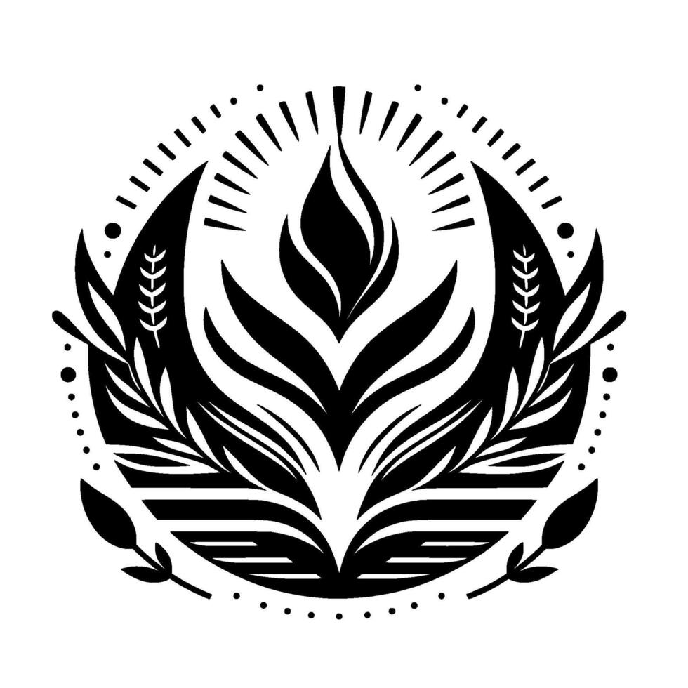A minimalist black and white floral emblem featuring a central flame motif, encircled by stylized leaves, wheat, and radial lines, exuding a sense of elegance and harmony. vector