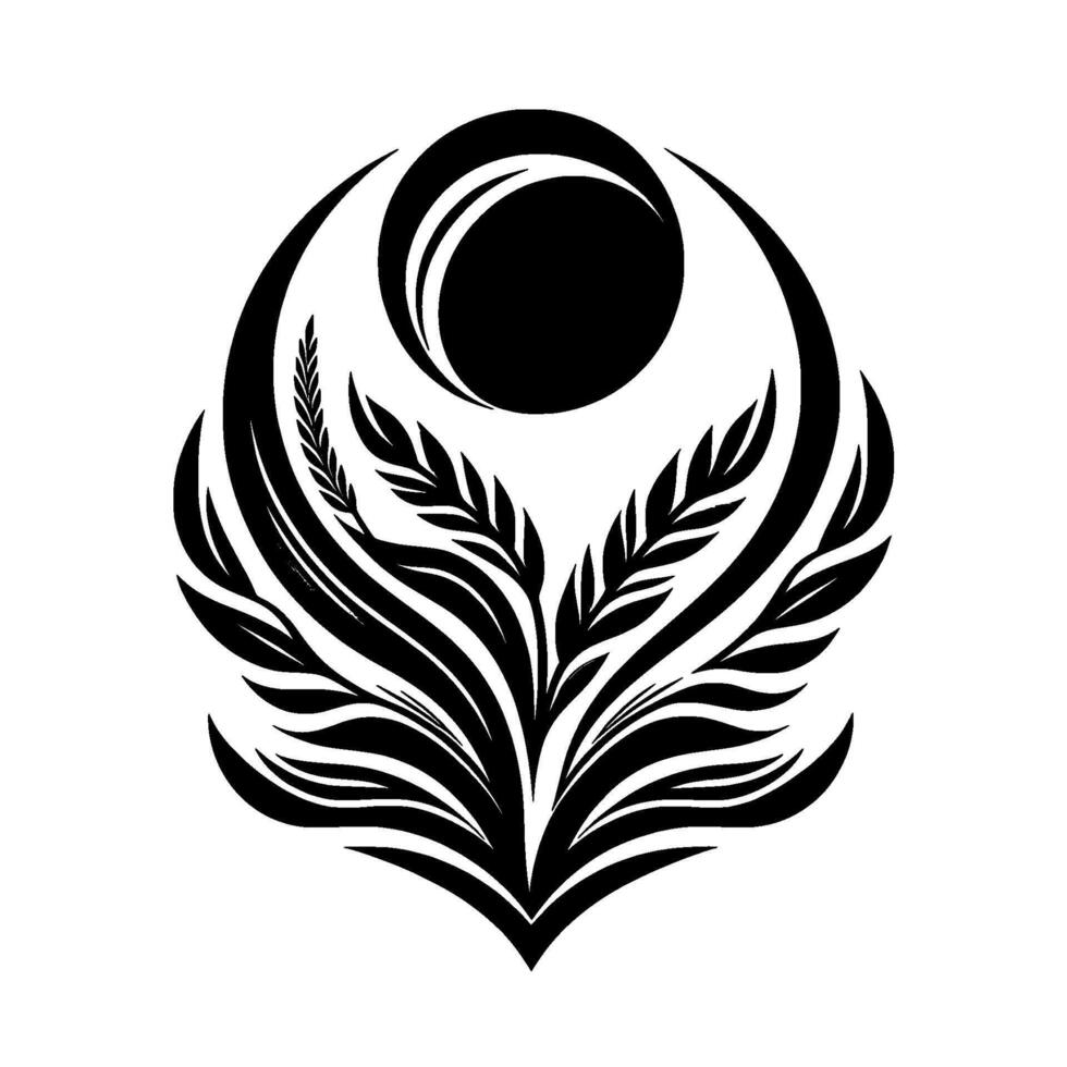 A symmetrical black and white featuring a stylized floral arrangement surrounding a central circle and crescent, evoking a sense of nature and balance. vector