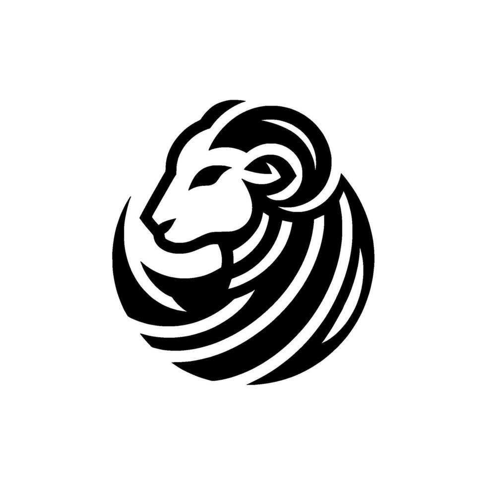 A minimalist, circular featuring a stylized rams head, rendered in bold black and white, conveying strength and elegance. vector