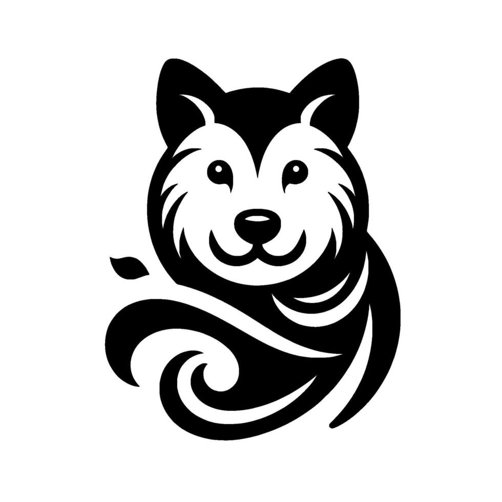 A minimalist black and white of a smiling, friendly husky dog head with swirling elements, perfect for branding. vector