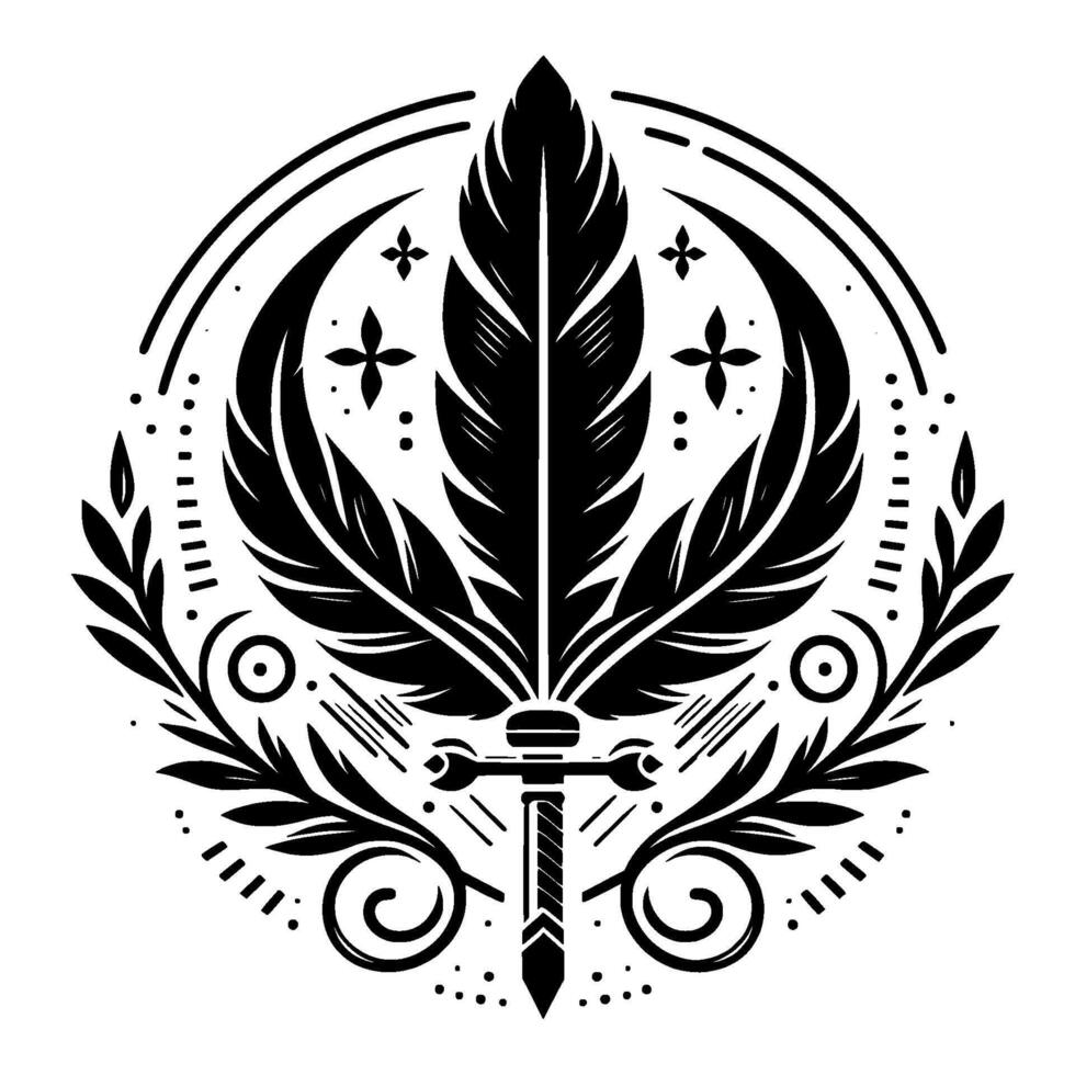 Intricate Black and White Emblem Feathered Sword Motif with Decorative Floral Elements, Star Accents, and Circular Framework on a White Background. vector