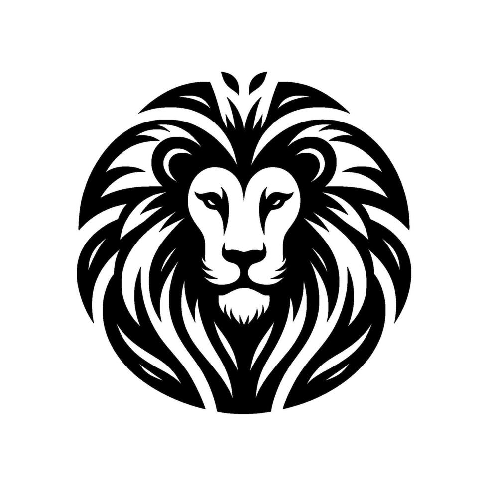 A majestic, minimalist black and white of a lions head, framed by a circular mane, exuding strength and regal poise. vector