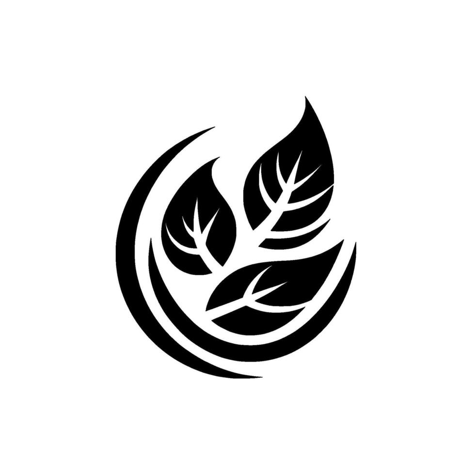 Simple Elegant A stylized black and white of three interconnected leaves, encompassed by a partial, flowing circular , conveying natural harmony on a white backdrop. vector