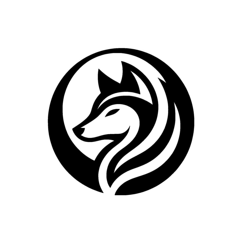 A minimalist, black and white featuring a stylized wolf head inside a circular frame, exuding strength and elegance, perfect for branding. vector