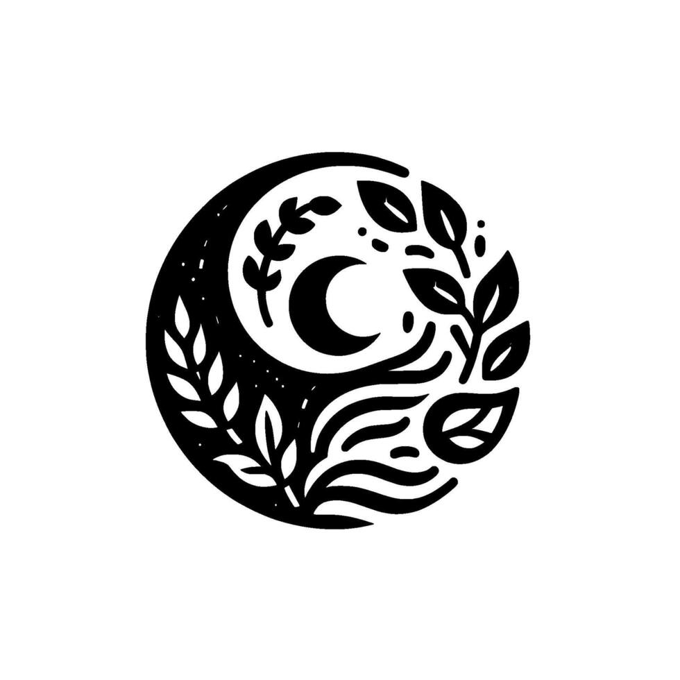 A stylized black and white featuring a crescent moon cradled by foliage, suggestive of nature and night. vector