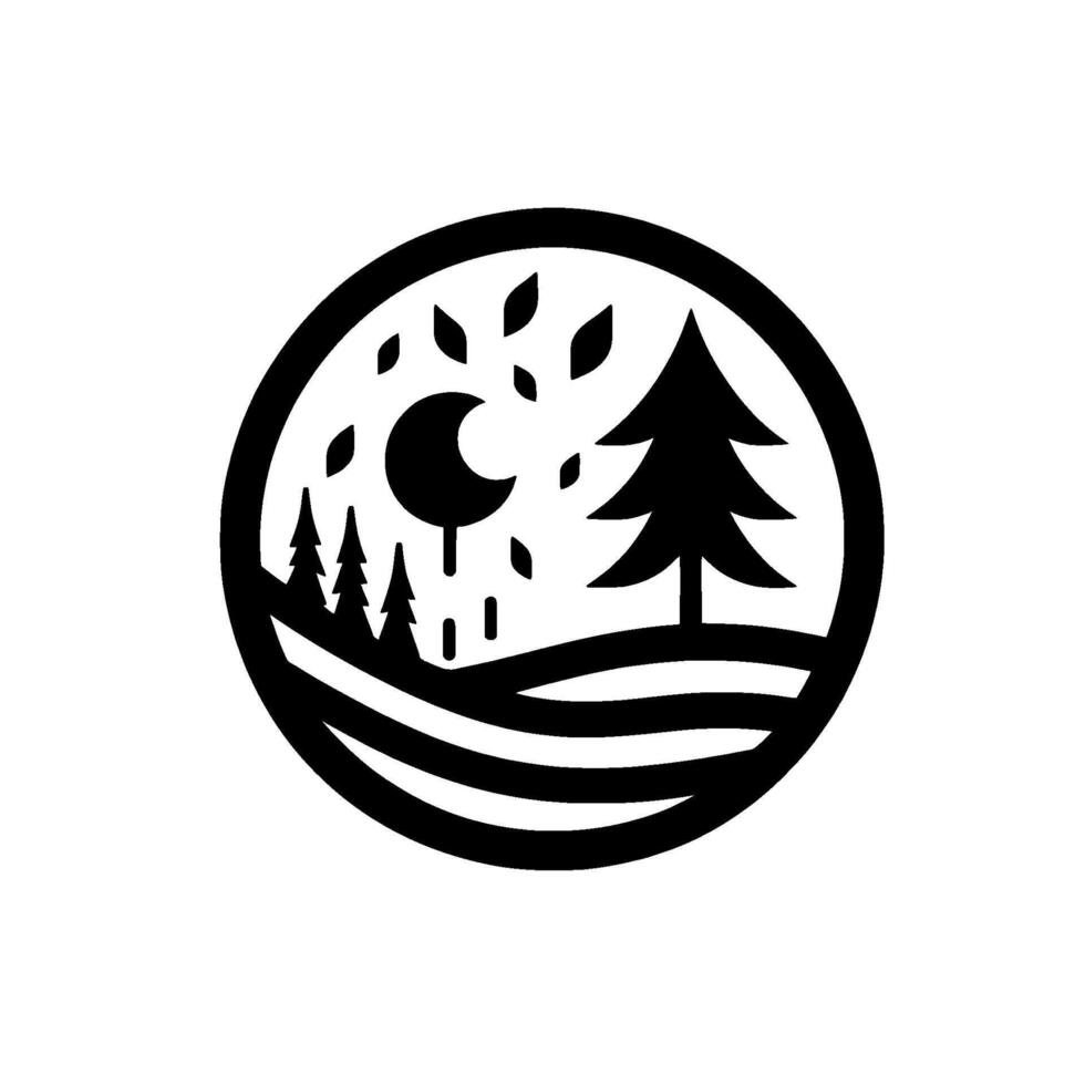 A minimalist black and white circular emblem featuring a nighttime forest landscape with crescent moon, falling leaves, and rain. vector