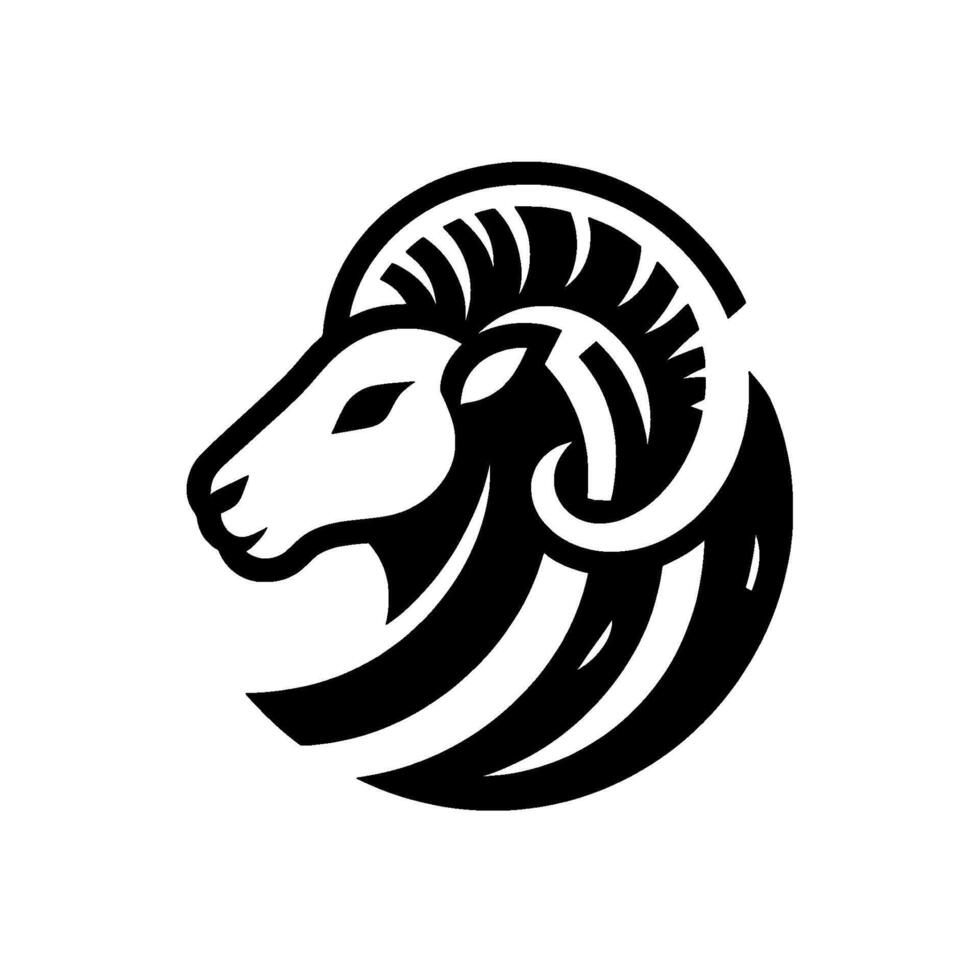 A minimalist emblem of a rams head profile, expertly rendered in black and white, with bold, curved lines defining the form and a sleek, modern aesthetic. vector